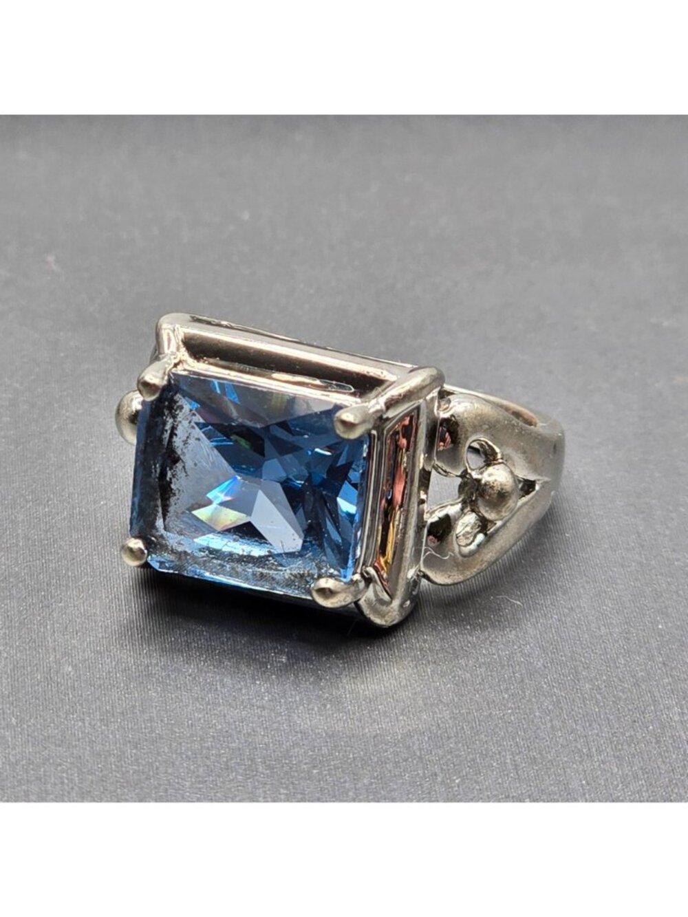 Vintage Sterling Silver Blue Topaz Ring Size 6 Emerald Cut Statement Piece Signe - Picture 2 of 14